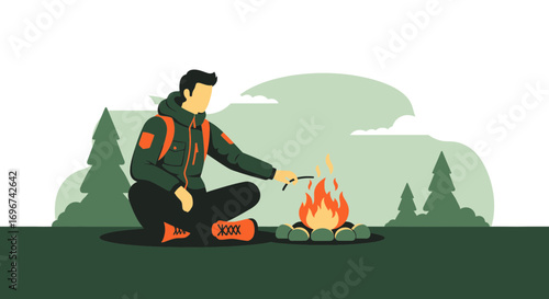 Adventurer Starts Campfire Amidst Forest Scenery, Symbolizing Outdoor Exploration and Adventure