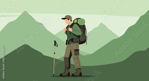 Adventurer Trekking Across Mountains With Hiking Gear And A Stunning Scenic Backdrop