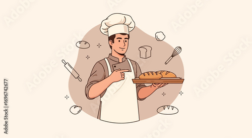 Baker Proudly Presents Freshly Baked Bread, Smiling and Pointing Towards The Goods