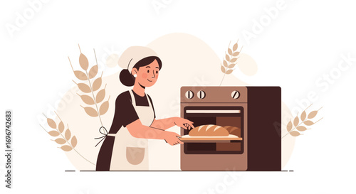 Baker Putting Freshly Baked Bread Into Oven, Culinary Delight Illustration