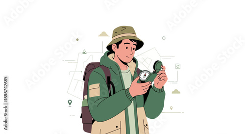 Adventurer with Compass Exploring New Horizons in Search of Travel and Mapping
