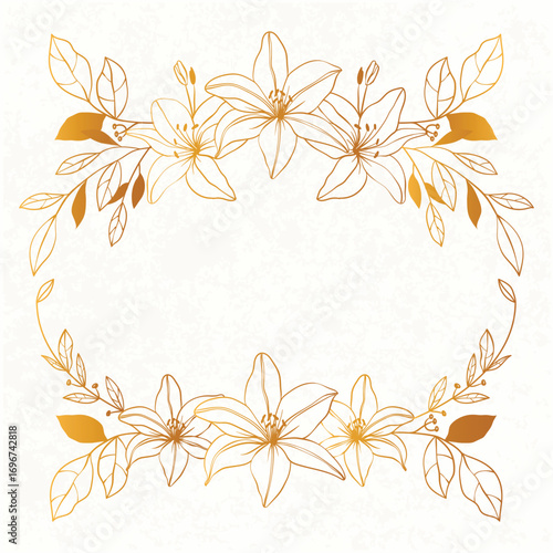 Elegant Summer time border frame. Golden Lily flowers Background Illustration. Garden line flowers frame.