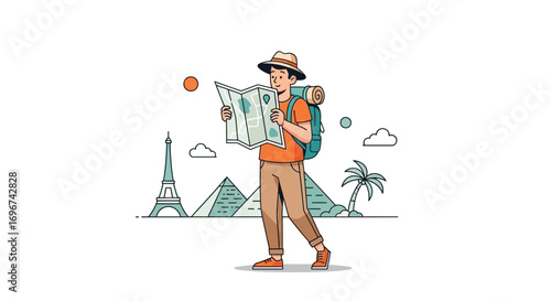 Adventurous Explorer Discovering Iconic Landmarks During An Exciting Trip, Minimalist Style