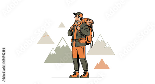 Adventurous Explorer Standing Front Of Mountain Range Ready For A Hiking Expedition