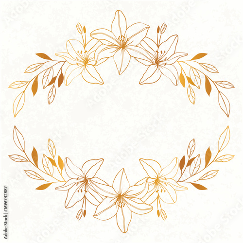 Elegant Summer time border frame. Golden Lily flowers Background Illustration. Garden line flowers frame.