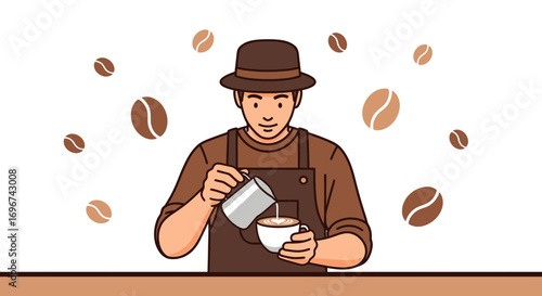 Barista Crafting Exquisite Coffee Art With A Hat And Floating Coffee Beans