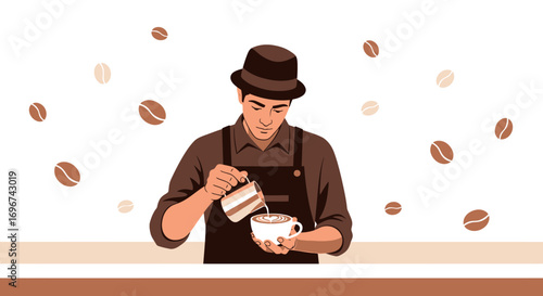 Barista Creating Coffee Art, A Vector Illustration of Coffee Brewing and Beverage