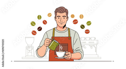 Barista Expertly Pouring Fresh Coffee Into A Mug With Roasted Beans Decorations