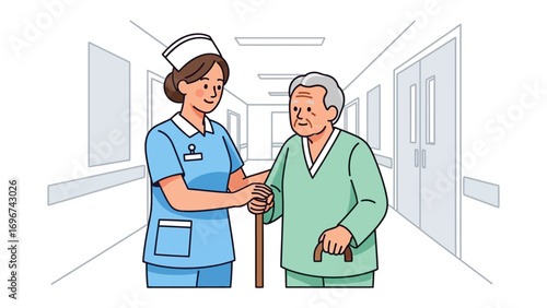 Caring Nurse: A kind-hearted nurse supports an elderly person. The Illustration captures care, compassion, and professional medical attention within a calm, clean hospital hallway.