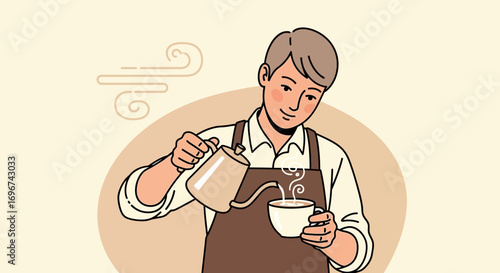 Barista Intently Pouring Hot Beverage Into Drink Cup And Creating Delicious Coffee