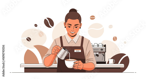 Barista Pouring Milk Into Coffee Cup Creation Of Exquisite Coffee Design On Display