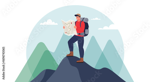 Adventurous Hiker Navigating Terrain, Exploring Nature, Reaching The Summit, Finding Direction
