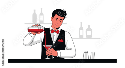 Bartender Crafting Cocktail in a Lively Bar, Serving Drinks for Guests to Enjoy and Relax
