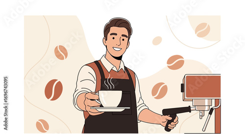 Barista Serving Freshly Brewed Coffee, Cafeteria Scene Showing Smiling Professional Worker