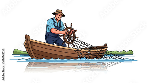 A Fisherman Sailing: A seasoned fisherman steers his traditional wooden boat with a hand-drawn illustration, diligently navigating the sea while managing a fishing net.