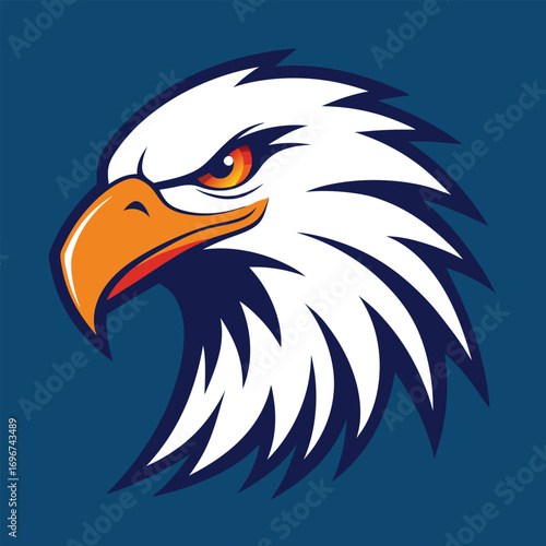 Stylized eagle head logo with white orange and blue colors on blue background Keywords: eagle, head, logo