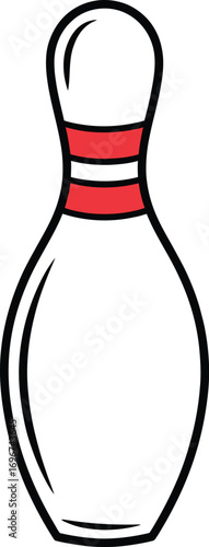 Simple line drawing of a classic bowling pin with red stripes for sports and games