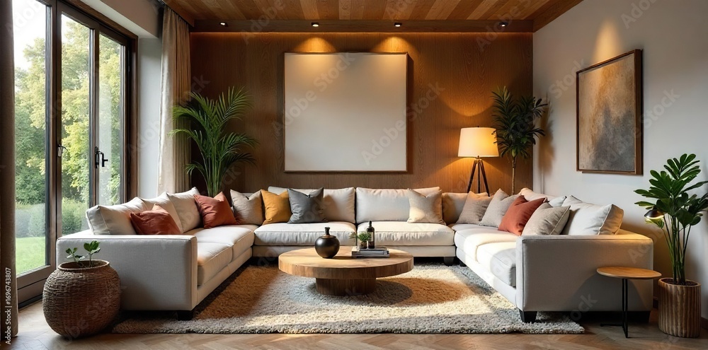 Fototapeta premium Cozy family room interior design featuring comfortable seating, warm lighting, and natural elements Perfect for relaxation and family gatherings , traditional, coffee table
