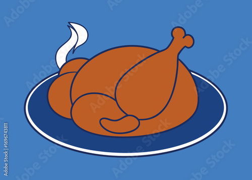 Stylized cartoon roasted turkey on blue plate with steam rising delicious meal