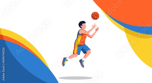 Basketball Player Executing a Skillful Jump in a Dynamic And Vibrant Illustrated Scene