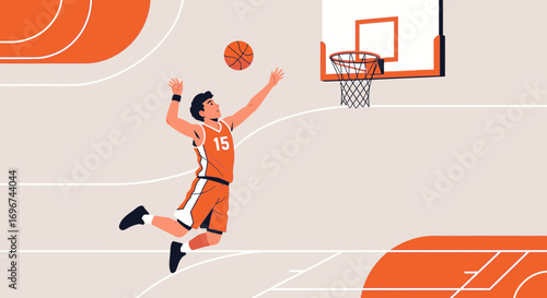 Basketball Player Performing Shooting Action Towards The Net, Dynamic Illustration