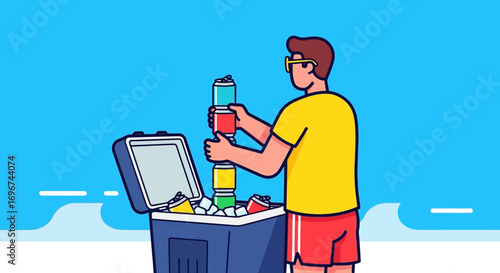 Beach Trip Illustration: Man Building Beverage Tower Near Cooler On A Sunny Day