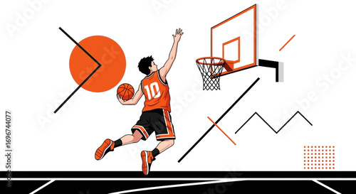 Basketball Player Shooting in Action with Geometric Elements and An Energetic Vibe