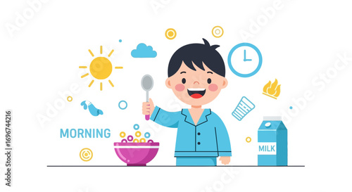 Cheerful Kid Preparing Breakfast, Perfect Beginning of The Day With Joy and Cereal
