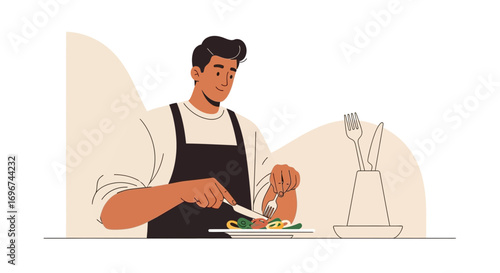 Cheerful Male Person Eating Healthy Food From A Plate At The Dining Table