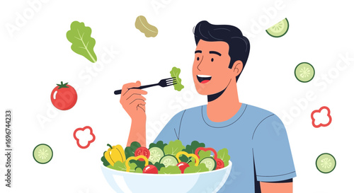 Cheerful Male Enjoying A Fresh And Colorful Salad Bowl Focusing On Healthy Eating Habits