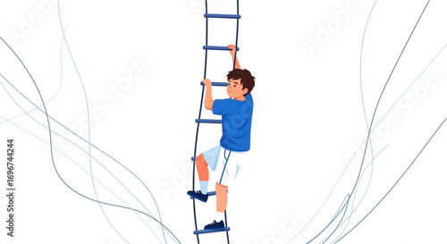 Boy Climbing Rope Ladder Reaching For Ambition And Achieving His Life Goals