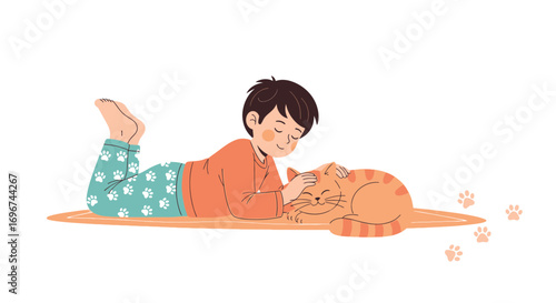 Boy Embracing A Cat, Showing Affinity And Enjoying Peaceful Moments At Home