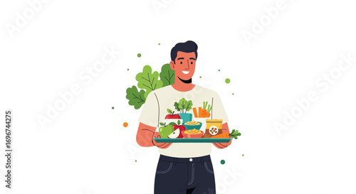 Cheerful Man Holding Tray With Food Items Depicting Healthy Food Choices and Lifestyle