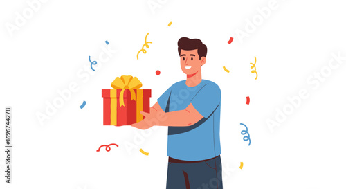 Cheerful Man Presenting a Gift Box Surrounded by Confetti and Joyful Celebrations