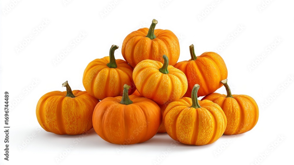 Obraz premium Pile of vibrant mini pumpkins on white background. AI generated