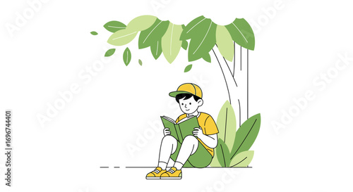 Boy Reading Book Under Tree Enjoying Peace and Quiet, Perfect Reading Scene Illustration