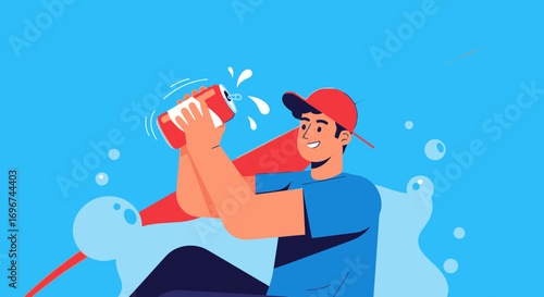 Cheerful Person Pouring Beverage Enjoying Refreshment From The Drink Can Cartoon Illustration