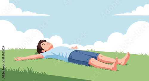 Boy Resting In Green Meadow On A Sunny Day With Blue Sky And Clouds
