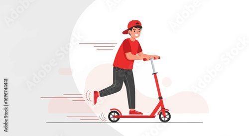 Boy Riding Red Scooter on White Background: Active Lifestyle and Urban Transportation