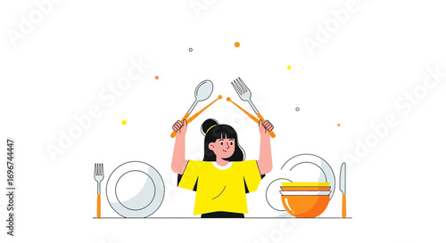 Cheerful Person With Musical Cutlery Performing While Arranging Dishware In The Kitchen