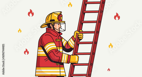 Brave Firefighter Ascends Ladder Amidst Flames, Heroic Rescue Effort, Courageous Action