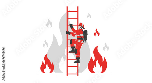 Brave Firefighter Ascending Ladder Through Fiery Inferno For Rescue Mission