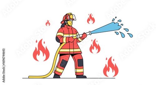 Brave Firefighter Extinguishing Flames With Powerful Water Stream And Safety Gear