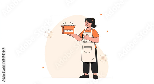Cheerful Waitress Presenting Take-Away Box Illustrating Food Delivery Service Digitally