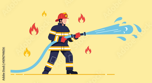 Brave Firefighter Extinguishing Flames with Powerful Water Stream to Protect Society