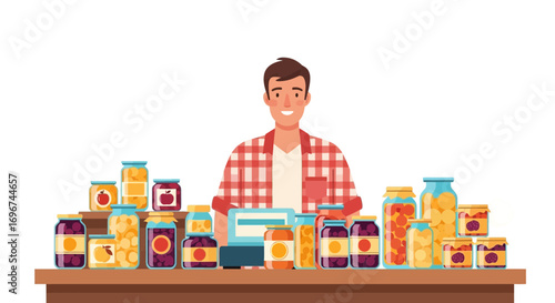 Cheerful Vendor Showcasing Homemade Preserves Jars with a Radiant and Welcoming Appearance