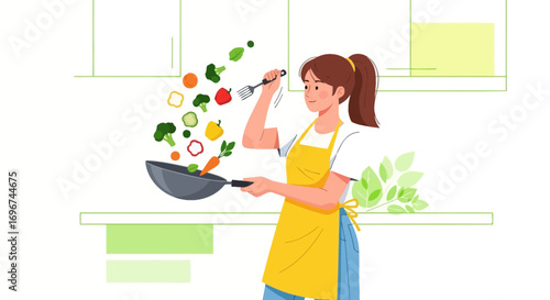 Cheerful Woman Cooking Healthy Food With Fresh Vegetables In a Modern Kitchen Setting