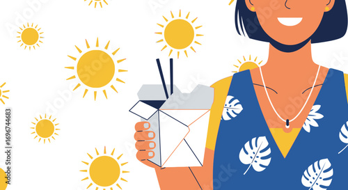 Cheerful Woman Enjoying Meal, Evoking Sun-Kissed Days with Delightful Takeout Food