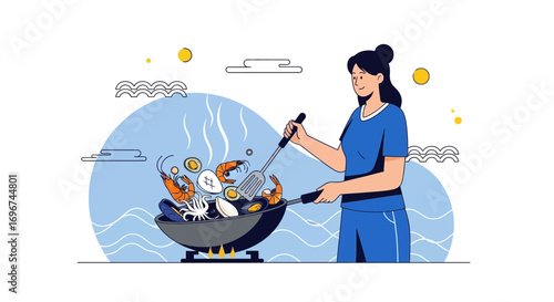 Cheerful Woman Preparing Seafood Feast In Animated Kitchen Illustration