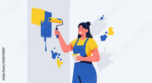 Cheerful Woman Painting A Wall With Roller In A Bright And Artistic Setting